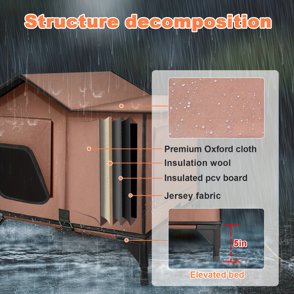 Heated Cat House with Removable Heating Pad and Elevated Bed, Brown 3-in-1 Cat Cave Shelter with Chew-Resistant Power Cord, L or XXL