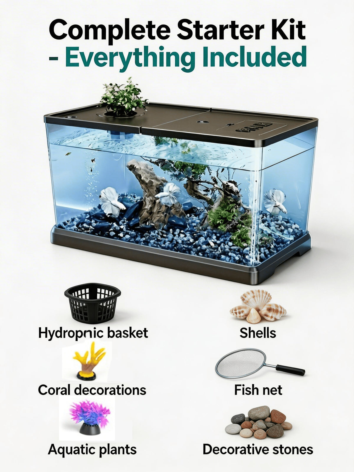 Rectangular Fish Tank with Lid and Plant Opening, Clear Aquarium Display in Large or M Model for Home, Office and Classroom Aquatic Decor