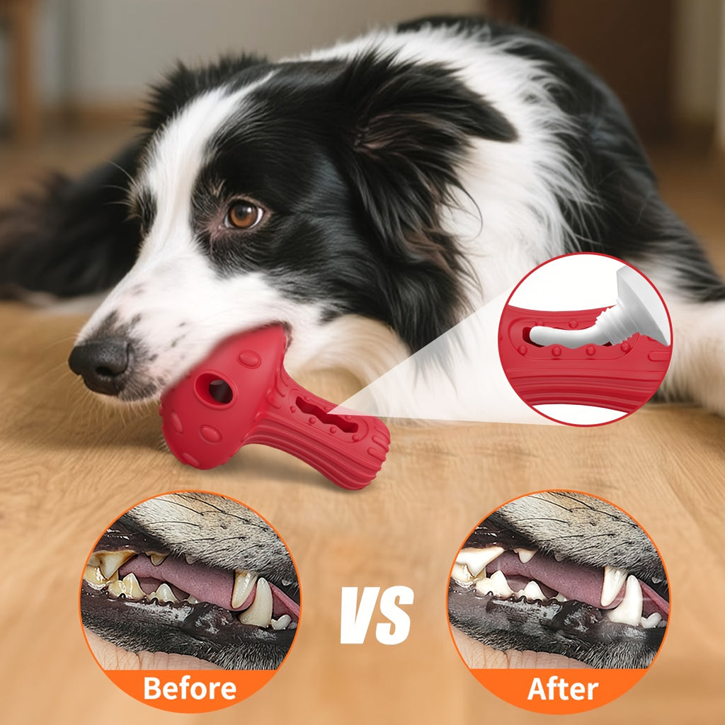 Treat Dispensing Dog Toy in Mushroom Shape, Beef-Scented Rubber Puzzle Chew for Medium and Large Dogs, 3.9 x 5.1 Inches in Red or Yellow