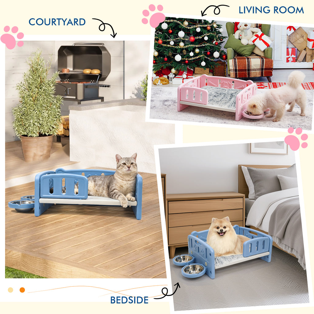 Elevated Dog Bed with Feeding Bowls, Plush Mat and Front Entry, Pink or Blue Pet Sofa with Paw-Print Side Panels for Small to Medium Dogs