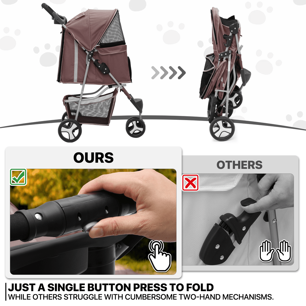 Foldable Dog Stroller for Small Dogs and Cats, 3-Wheel Pet Pushchair with Weather Cover, Breathable Mesh, Storage Basket and Cup Holder