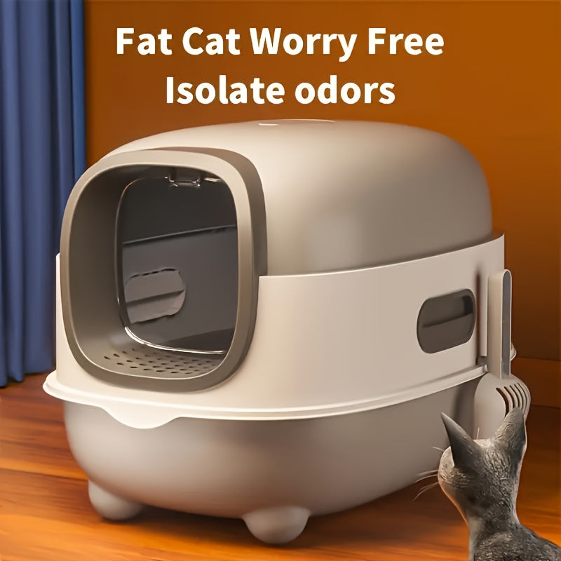 Covered Cat Litter Box with Scoop, Removable Hood and Front Entry Door, Enclosed Indoor Kitty Toilet for Daily Cleaning in Gray, Purple or Blue