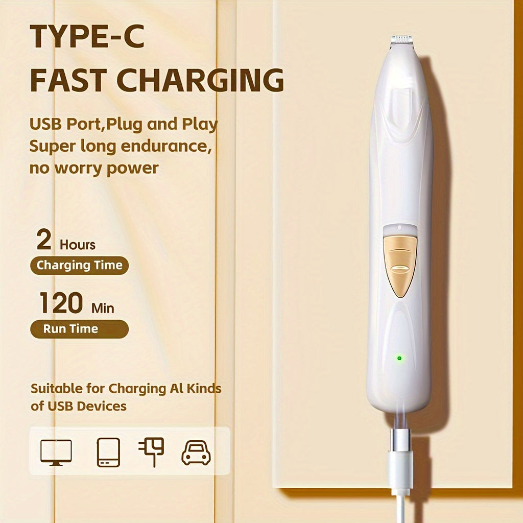 Dog Paw Hair Trimmer with LED Light, White USB Rechargeable Low-Noise Mini Pet Clippers with Narrow Head for Dog and Cat Grooming Touch-Ups