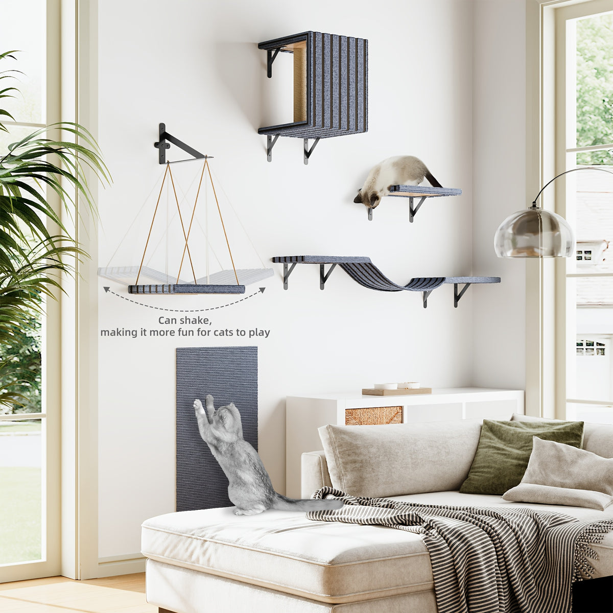 Wall Mounted Cat Shelves for Indoor Cats, Multi-Level Climbing Perches and Lounge Furniture in 2-in-1, 3-in-1 or 5-in-1 Space-Saving Options