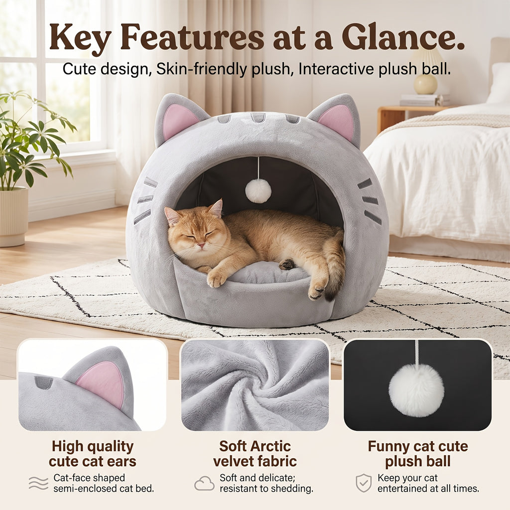 Enclosed Cat Bed with Washable Cushion, Gray Plush Cat Tent with Hanging Toy Ball, S to XL Indoor Cat House with Included Pet Bandana