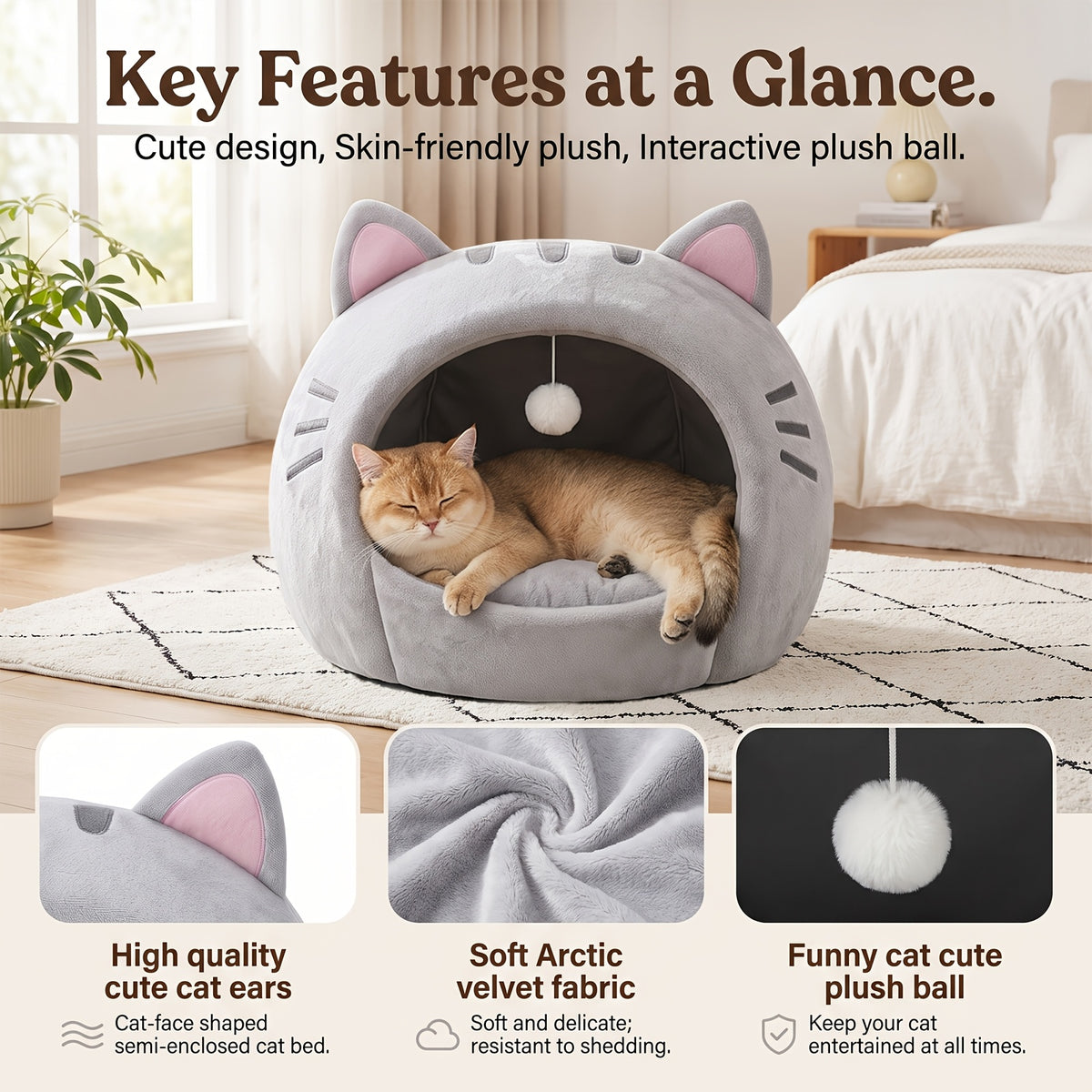 Enclosed Cat Bed with Washable Cushion, Gray Plush Cat Tent with Hanging Toy Ball, S to XL Indoor Cat House with Included Pet Bandana
