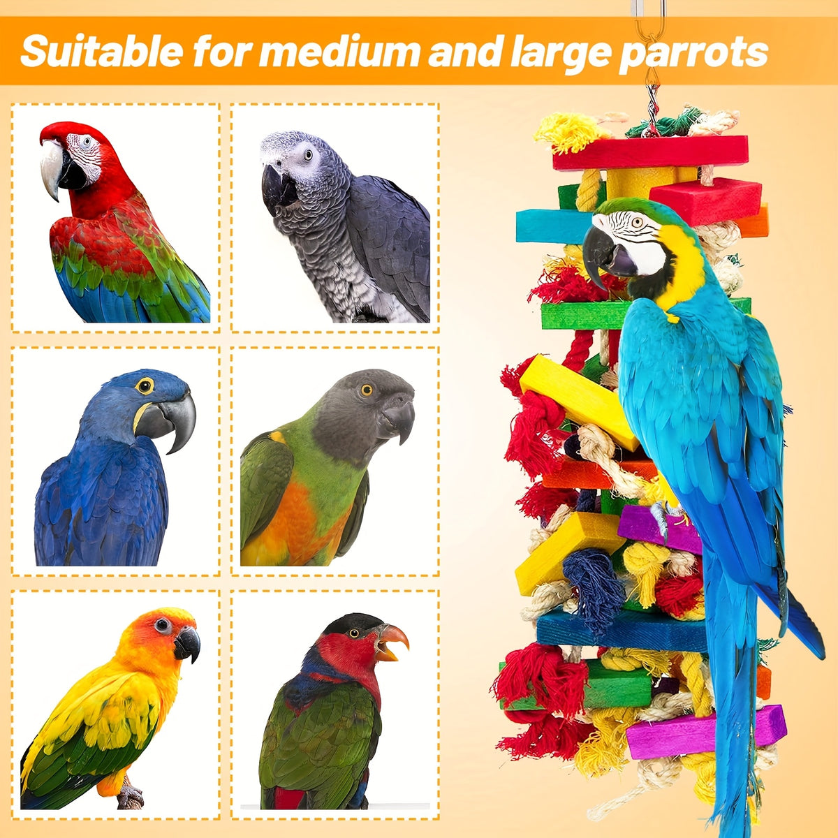 Parrot Chew Toy with Colorful Wooden Blocks and Hanging Chain, Extra Large Bird Cage Activity Toy for Macaws and African Grey Parrots