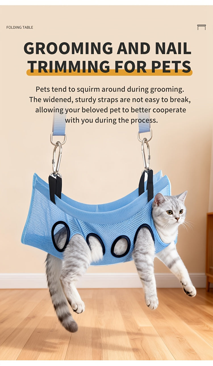 Pet Nail Trimming Hammock Set with Stainless Steel Clippers, 2-Piece Foldable Mesh Grooming Support for Cats and Dogs, Black or Blue for At-Home Care
