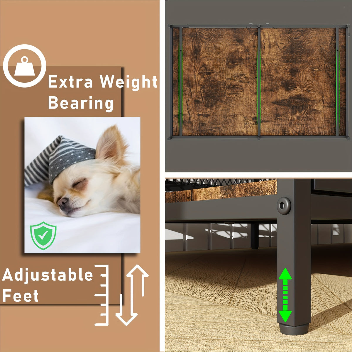 Dog Crate Furniture with Wooden Top, Heavy Duty Corner Dog Kennel with Double Doors and High-Density Metal Mesh, Indoor End Table Crate for Medium and Large Dogs, Vintage
