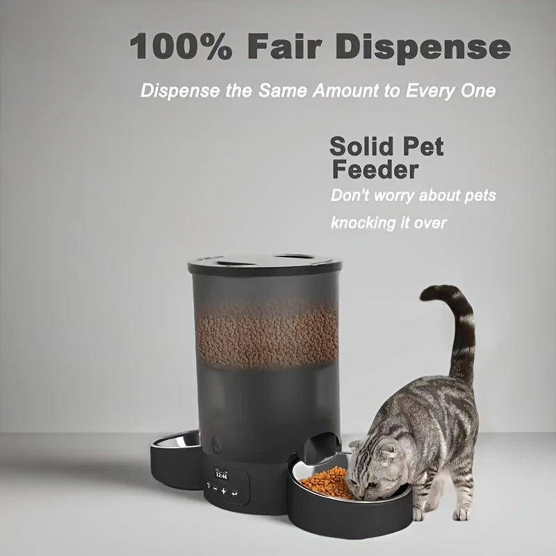 Dual Bowl Automatic Cat Feeder 3L, Button-Control Timed Food Dispenser with 1-6 Daily Feedings and 1-12 Portions per Meal, White for Cats and Dogs