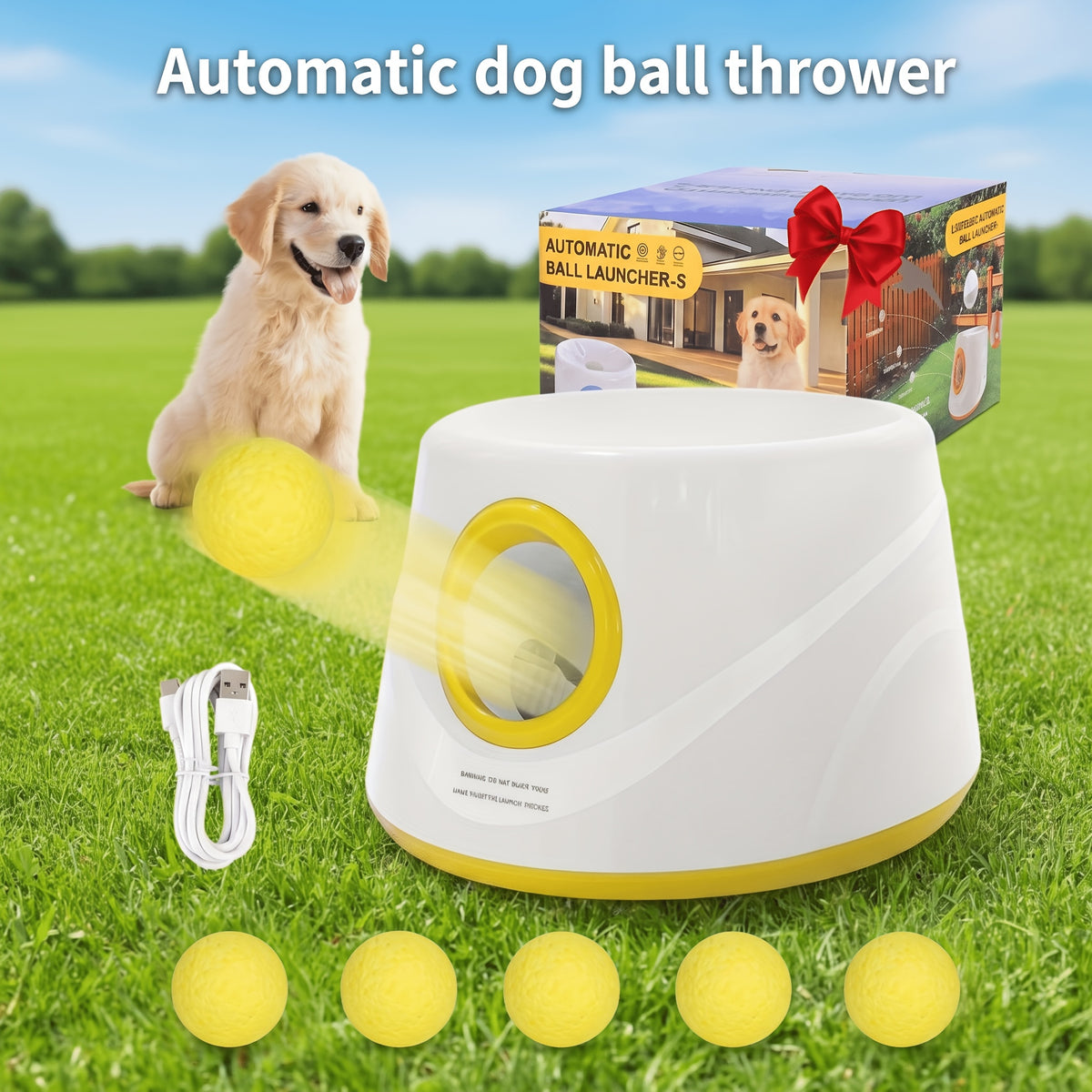 Automatic Dog Ball Launcher with 5 Balls, Adjustable Distance Fetch Machine for Small and Medium Dogs, Supervised Indoor and Outdoor Play
