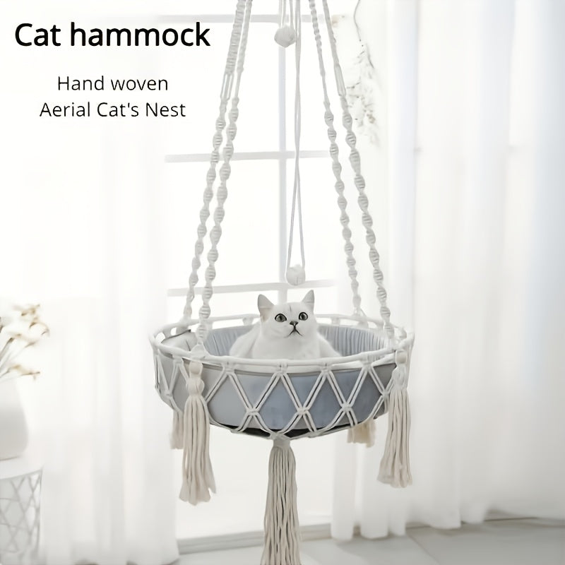 Rope Cat Hammock Hand-Woven Hanging Basket Bed for Indoor Resting, Round Pet Swing Nest in 15.75 or 11.81 Inch Diameter for Lounging