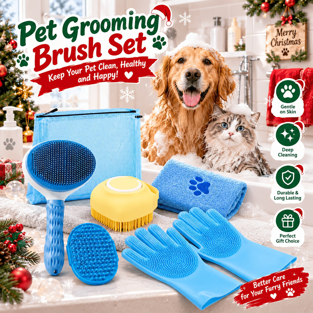 Dog Grooming Kit 6 Piece, Manual Pet Care Set with Brush, Microfiber Towel, Washing Gloves and Shedding Tool for At-Home Bath and Coat Care