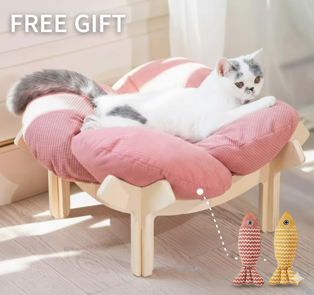 Pink Wooden Cat Lounge Bed with Soft Cushion, Elevated Indoor Pet Sofa Chair in Pink + Two Linen Fish Style for Cat Naps and Cozy Home Lounging