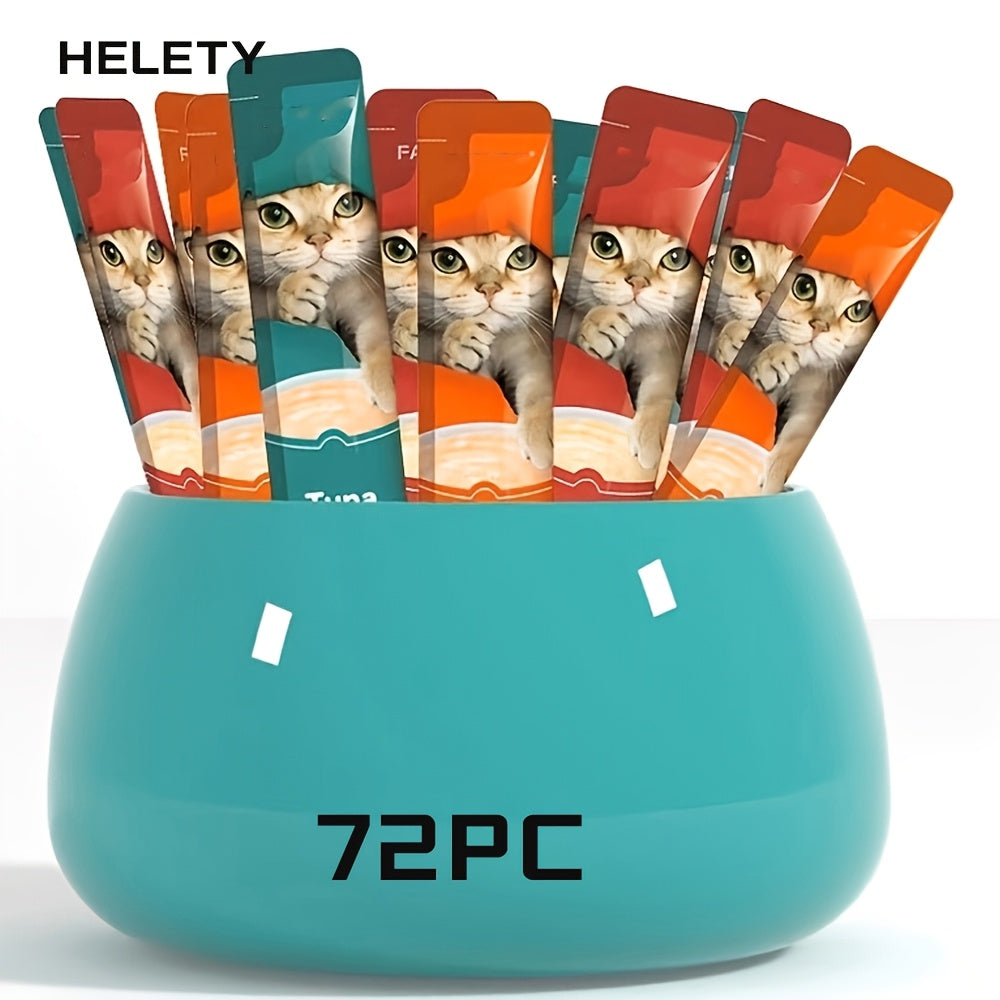 Cat Puree Treat Sticks 15g, Creamy Lickable Snacks for Hand Feeding and Meal Topping, Tuna or Yolk 10-Pack and Listed 72-Piece Mixed Options