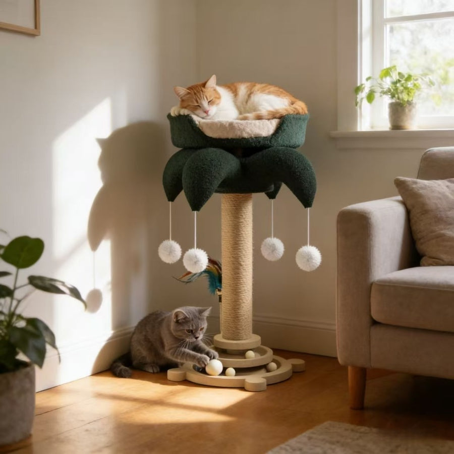 Sisal Cat Scratching Post with Clown Hat Design, Vertical Indoor Cat Scratcher with Random-Color Teaser Stick in Green or Dark Green