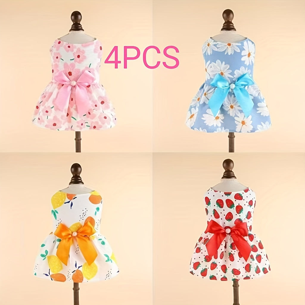 Dog Dresses 4 Pack with Bow Accents, Floral Strawberry Daisy and Citrus Pet Outfits for Summer Dress-Up, Birthday Photos and Parties, XS–XXL