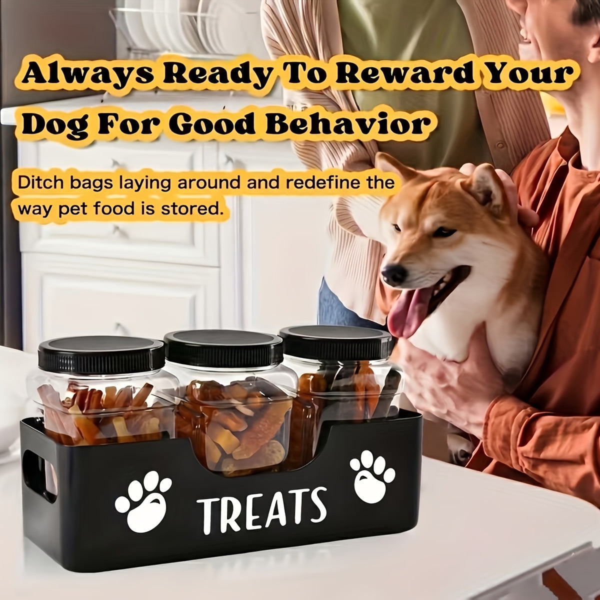 Pet Treat Jar Set with 3 Sealed Plastic Containers and Base, Farmhouse Dog and Cat Snack Storage Organizer for Kitchen Counters and Feeding Areas