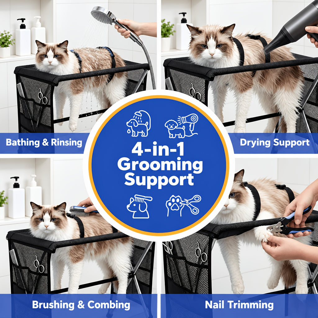 Pet Grooming Hammock with Stand for Nail Trimming, Foldable Mesh Support Bed for Cats and Dogs, Bathing and At-Home Paw Care