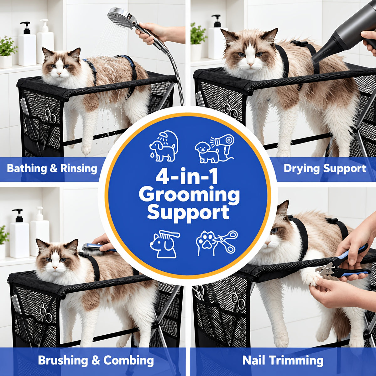 Pet Grooming Hammock with Stand for Nail Trimming, Foldable Mesh Support Bed for Cats and Dogs, Bathing and At-Home Paw Care