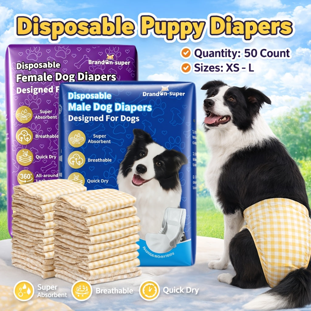 Dog Diaper Value Pack 50 Count, Disposable Absorbent Male and Female Style Options in XS S M L for Puppy Accidents and Senior Dog Hygiene Care