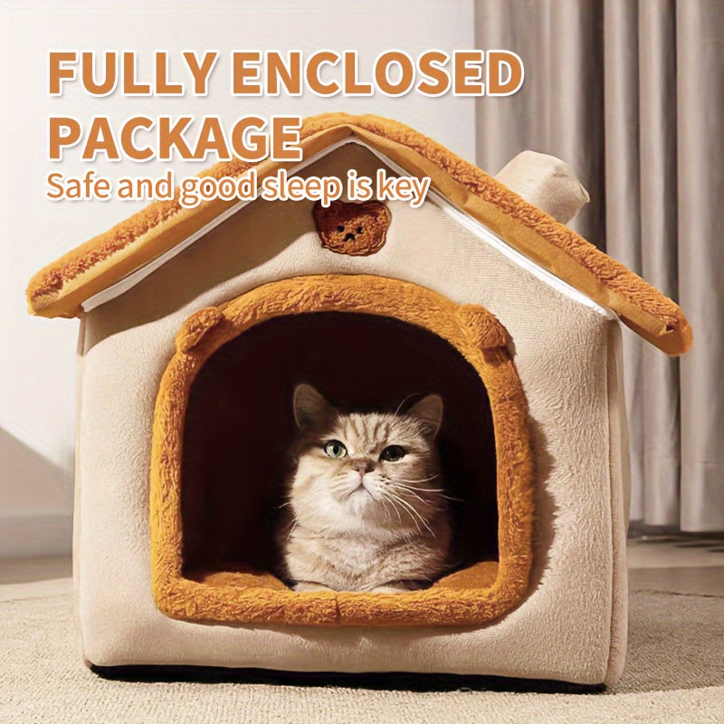 Cat House Bed with Cabin-Style Roof, Detachable Washable Oxford Fabric Pet Hideaway in Three Sizes for Indoor Cats and Small Dogs
