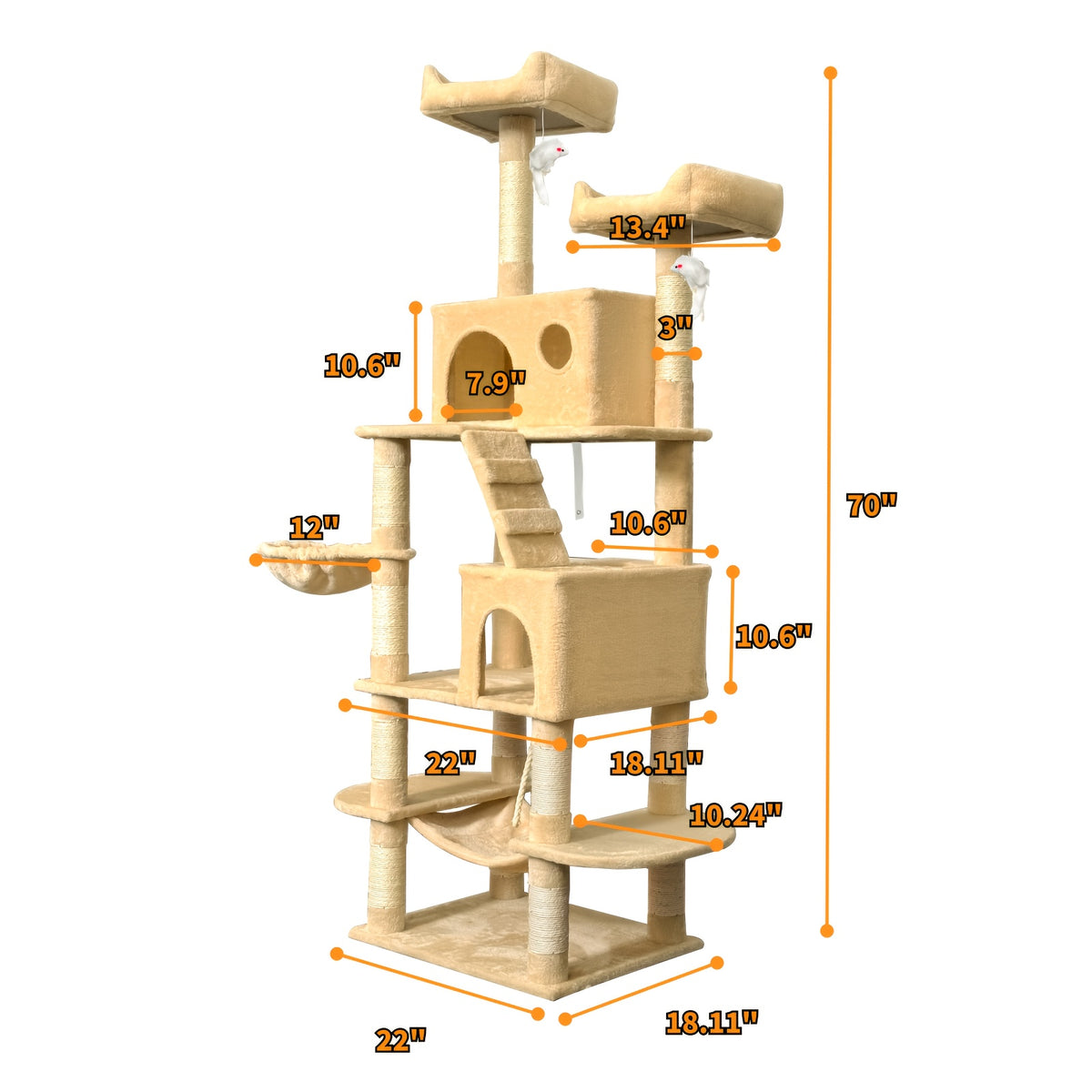 Cat Tree with Wide Base, 52.5 to 70 Inch Multi-Level Indoor Cat Tower with Plush Condo, Hammock and Sisal Scratching Posts for Climbing and Rest