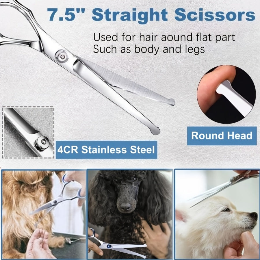Dog Grooming Scissors Set with Ceramic-Coated 4CR Stainless Steel, 7 Pieces Including Straight, Thinning and Curved Shears, Comb and Storage Bag
