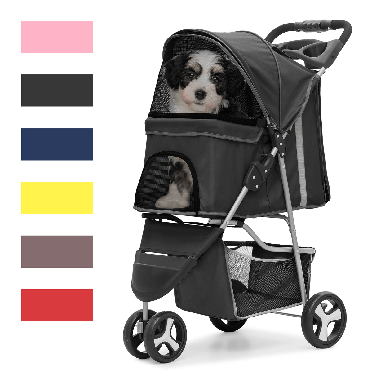 Pet Stroller with Storage Basket and Cup Holder, Magshion Three-Wheel Foldable Pushchair for Small and Medium Dogs and Cats, 14 Color and Pattern Options