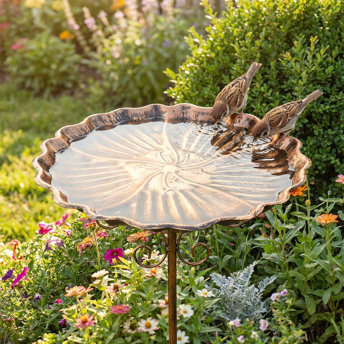 Garden Bird Bath with Ground Stake, 30.31-Inch Retro Metal Birdbath with Scalloped 10-Inch Basin, Copper or Bronze Color for Outdoor Yards