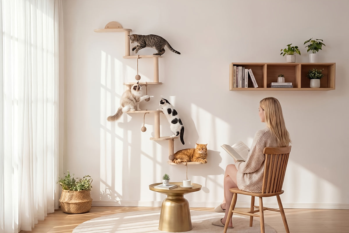 Modular Cat Wall Shelves 6-Piece Set with 5 Toy Balls, DIY Wall-Mounted Cat Tree Furniture for Indoor Climbing, Resting and Scratching