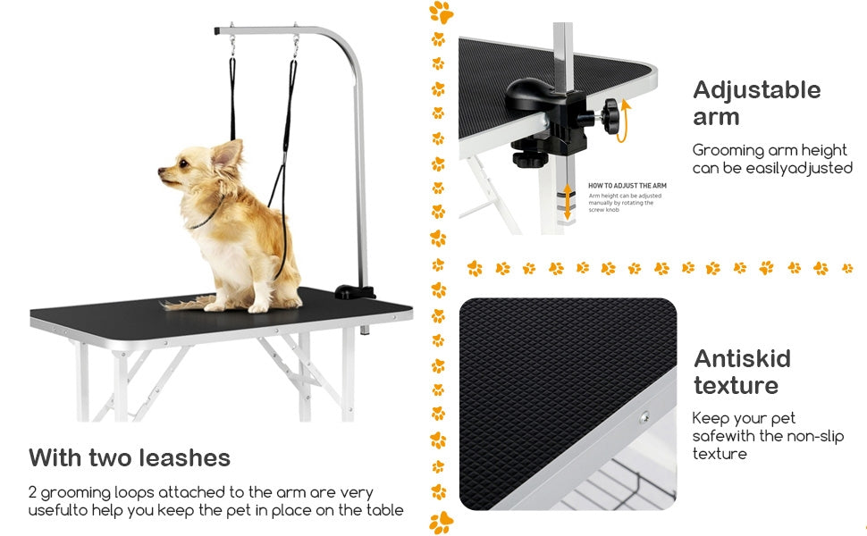 Foldable Dog Grooming Table with Mesh Tool Shelf, Detachable Height Adjustable Arm and Antiskid Surface for Small to Medium Dogs