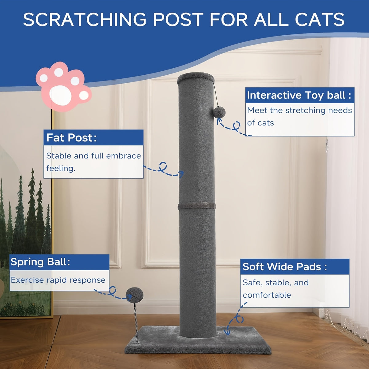 Thick Cat Scratching Post for Large Cats, 41.73-Inch Tall Hardwood Scratcher with 5.7-Inch Column, Heavy Base and Replaceable Toy Balls, Gray