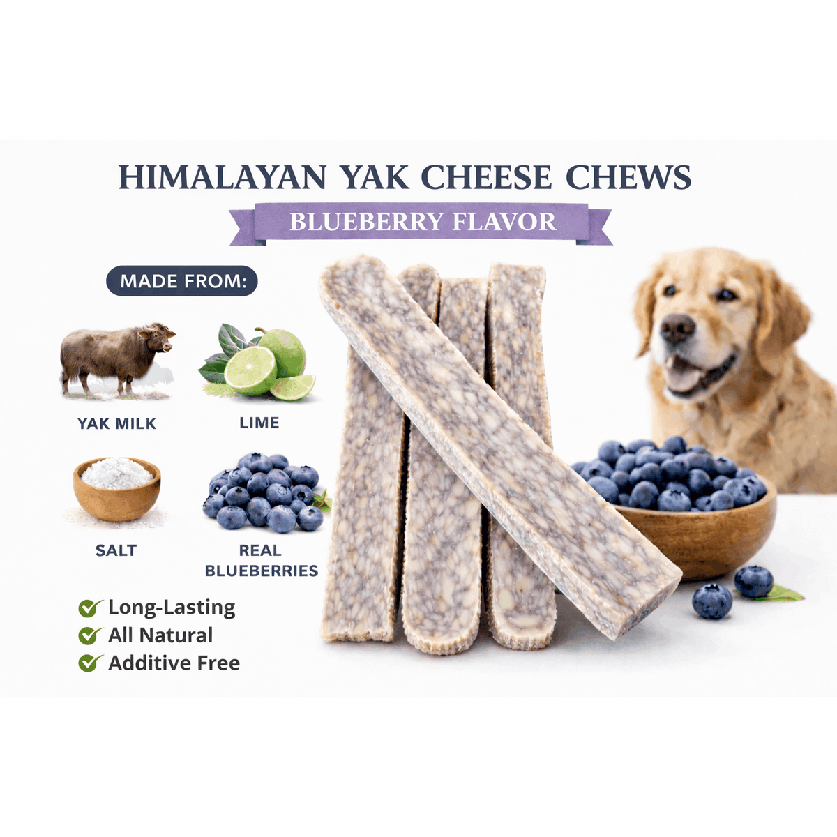 Yak Cheese Chews for Dogs, Blueberry Himalayan Dog Treats with Yak Milk and Lime, Grain-Free High-Protein Firm Chews for Medium and Large Dogs