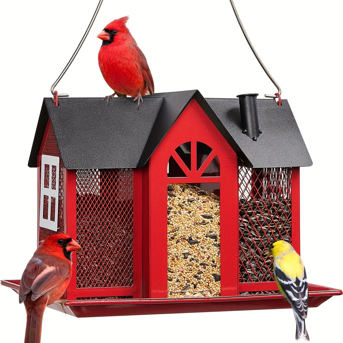Outdoor Bird Feeder House with Triple Feeding Areas, Metal Mesh Wild Bird Seed Feeder for Finches, Cardinals and Chickadees, Five Color Options