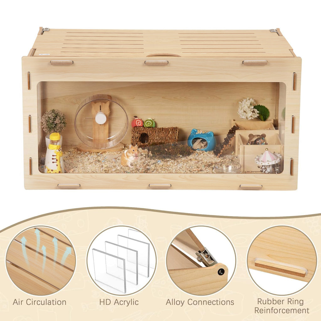 Hamster Habitat Wooden Cage with Clear Acrylic Front, Openable Top and Side Locks, 31.5-Inch Small Pet Enclosure in Natural or Burlywood