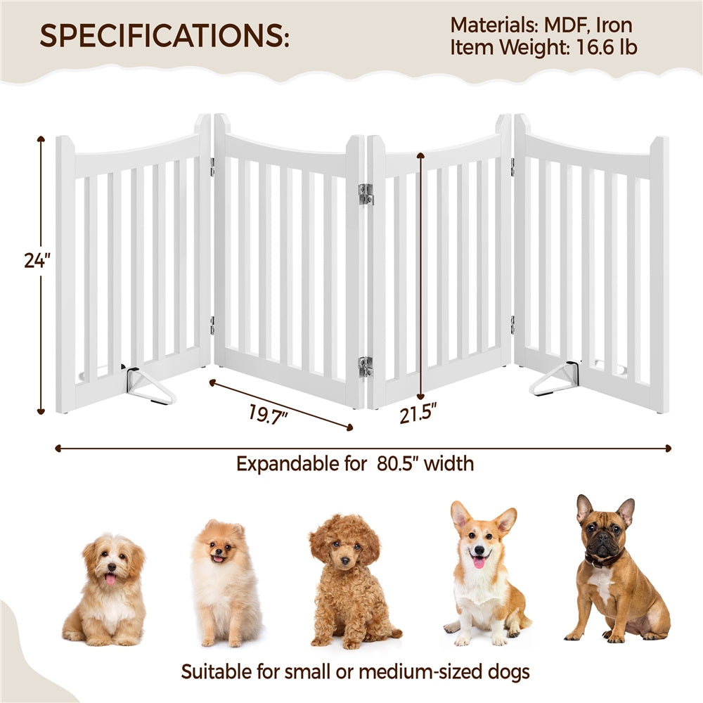 Freestanding Folding Dog Gate in White, 24 Inch Tall MDF Pet Barrier with Door and Two Support Feet for Small Dogs, Indoor Doorways and Hallways