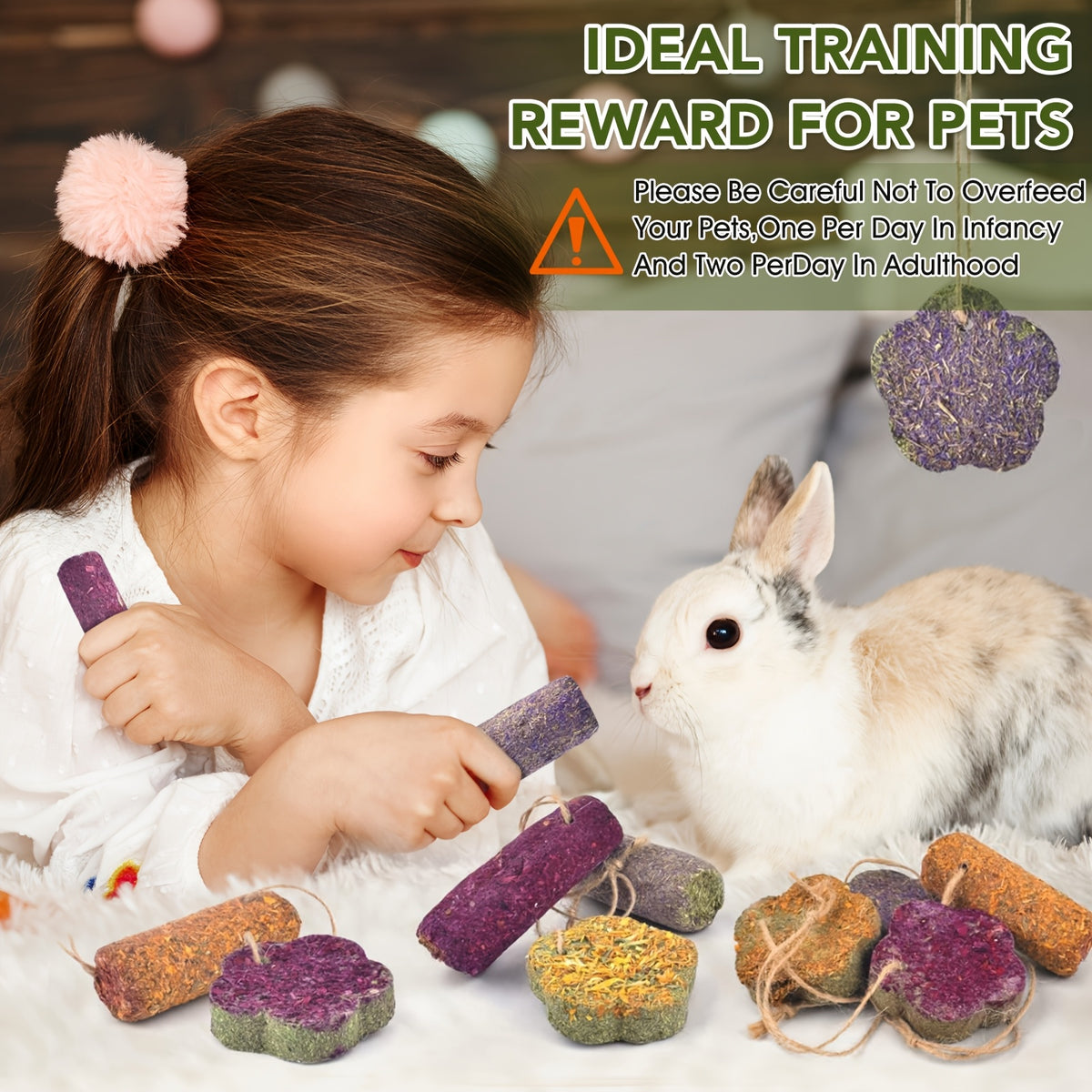 Rabbit Chew Cakes and Sticks 12 Pack, Hanging Timothy Hay Treats with Listed Rose and Chrysanthemum, Flower and Cylinder Shapes for Small Pet Enrichment