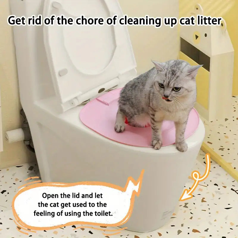 Cat Toilet Training Seat with Oval Design, Easy-Clean Bathroom Training Tray in Pink, Blue or Yellow with Two Toilet Stickers per Selected Color Option