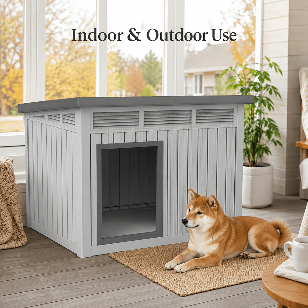 Resin Dog House 33 Inch with Slanted Roof and Ventilation Openings, UV-Resistant Outdoor Pet Shelter in Black or Grey for Backyard Rest
