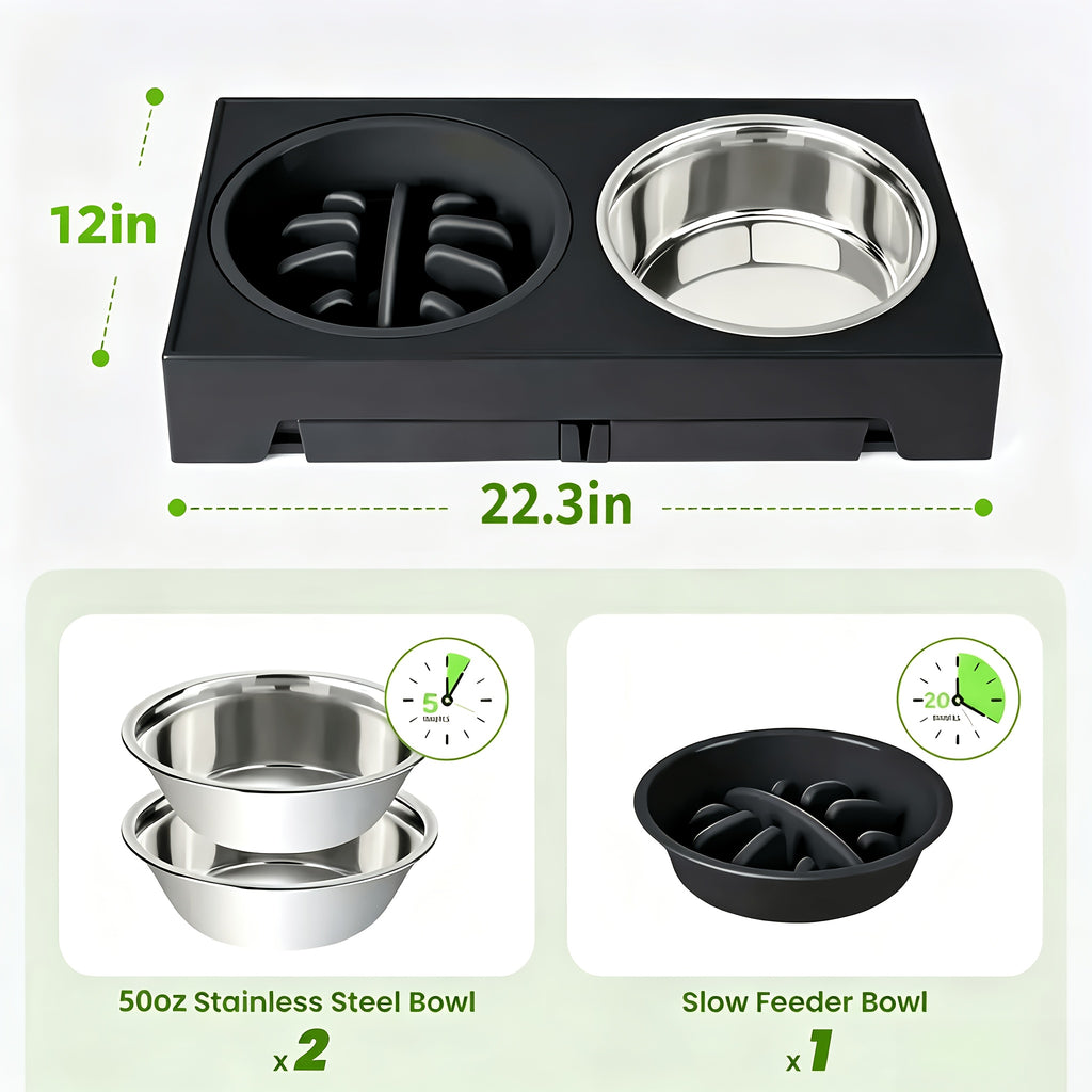 5-Height Dog Bowl Set with Foldable Adjustable Stand, Slow Feeder and Stainless Steel Bowl for Medium and Large Dogs, Black or Pink