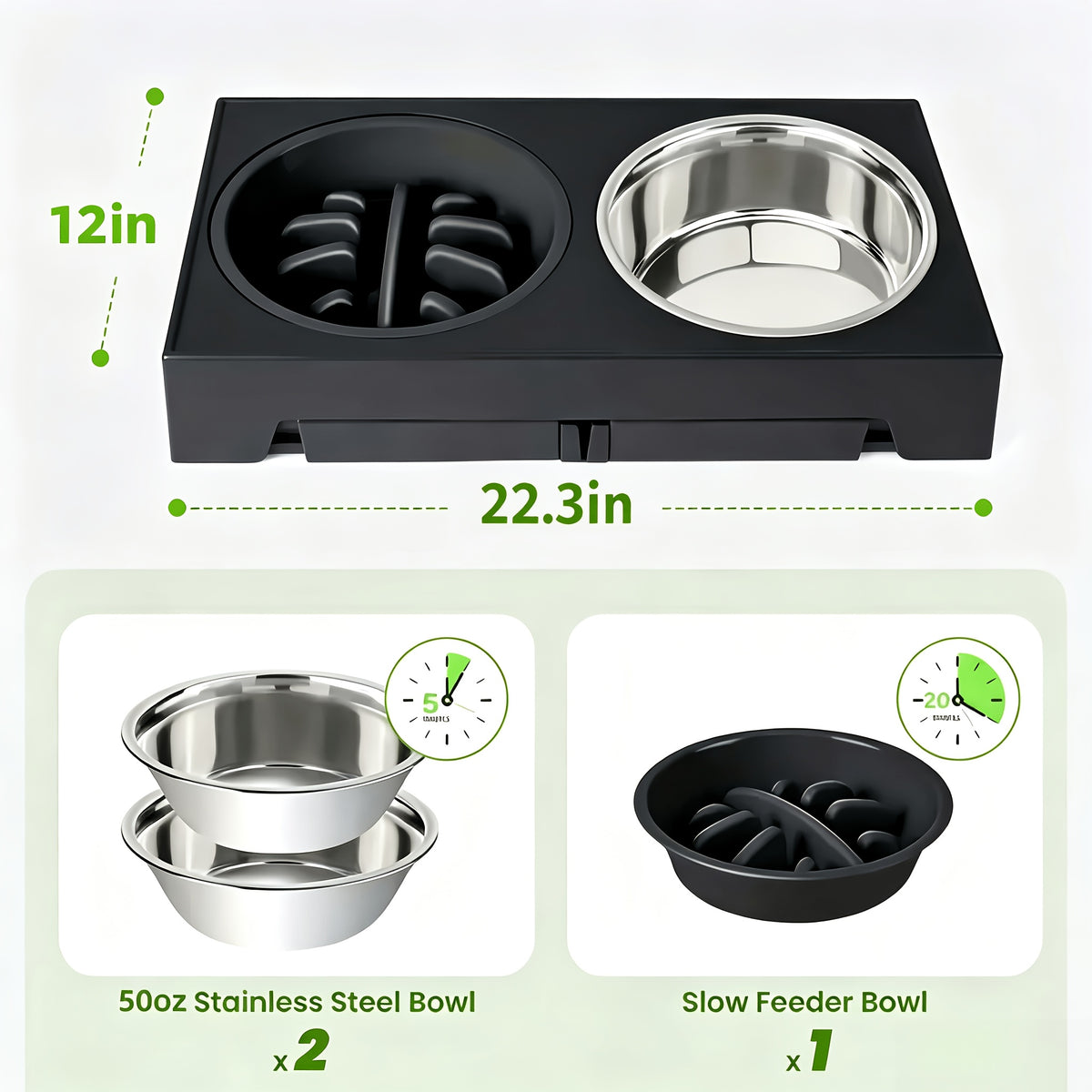 5-Height Dog Bowl Set with Foldable Adjustable Stand, Slow Feeder and Stainless Steel Bowl for Medium and Large Dogs, Black or Pink