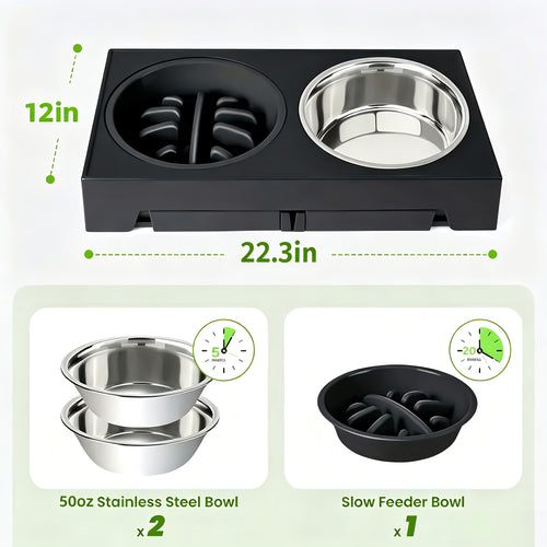 5-Height Dog Bowl Set with Foldable Adjustable Stand, Slow Feeder and Stainless Steel Bowl for Medium and Large Dogs, Black or Pink