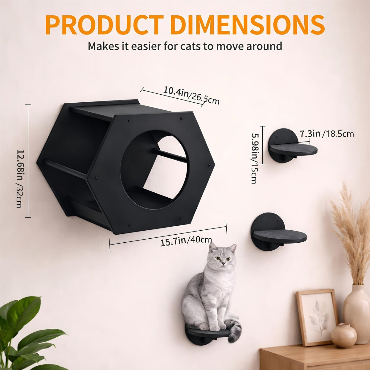 Cat Wall Shelves with Hexagon House, 4-Piece Wooden Climbing Furniture Set with 3 Steps and Scratching Post for Small and Medium Indoor Cats up to 20 lbs