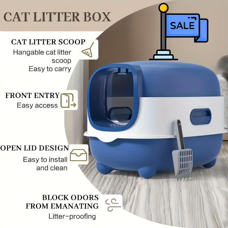 Cat Litter Box with Full Cover and Scoop, Spill-Reducing Enclosed Kitty Toilet in Gray or Blue for Indoor Potty Routines and Easy Daily Cleanup