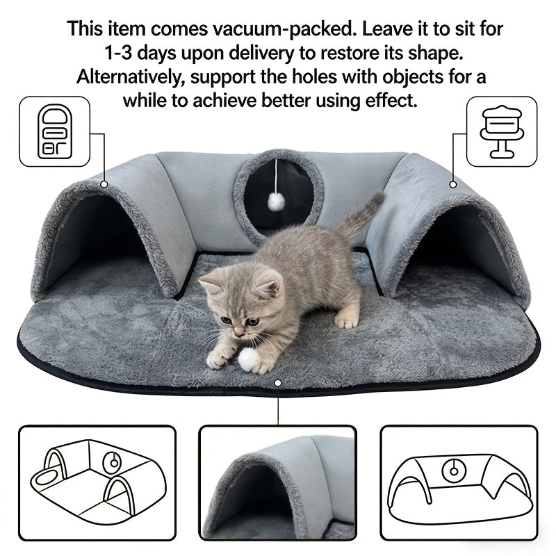 Arch Cat Tunnel Bed with Peekaboo Window and Hanging Ball, Soft Plush 2-in-1 Indoor Kitten Hideaway and Lounge Mat in Small or Large