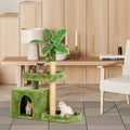 Cat Tree with Green Leaf Design, Indoor Cat Condo with Cozy Plush Resting Area, Hanging Ball and Sisal Scratching Post for Everyday Play