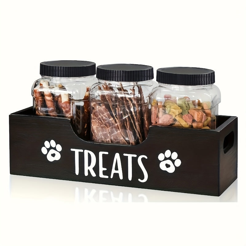 Pet Treat Jar Organizer with Paw Print Pattern, Farmhouse Countertop Holder for 3 Jars, Faux Wood Look in Black or White for Dog Owners
