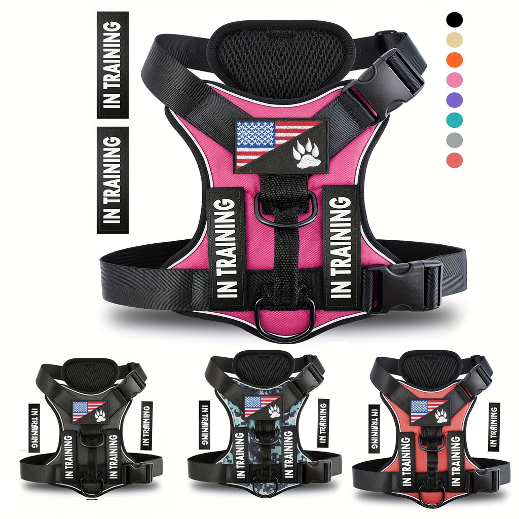 Dog Harness with Patches Set, Adjustable Reflective Mesh-Lined Vest with Control Handle and 5 Patches, XS-XL for Daily Walking, Running and Training