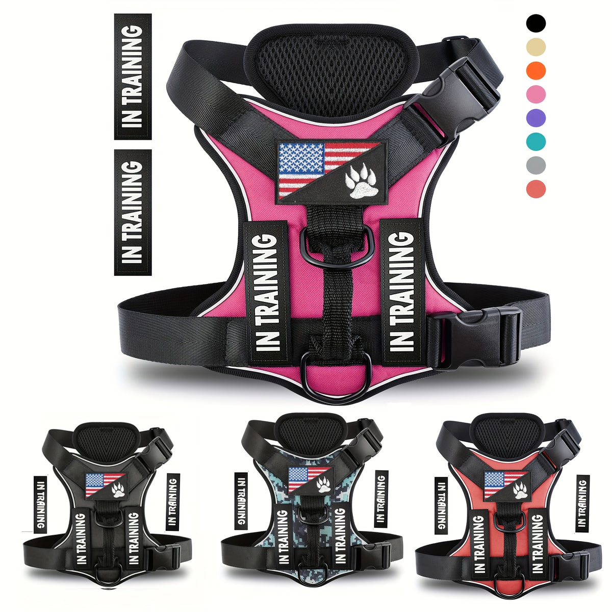 Dog Harness with Patches Set, Adjustable Reflective Mesh-Lined Vest with Control Handle and 5 Patches, XS-XL for Daily Walking, Running and Training